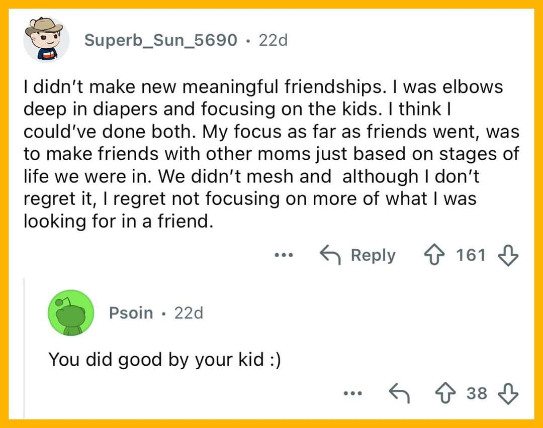 A social media comment about missing meaningful friendships after focusing on children.