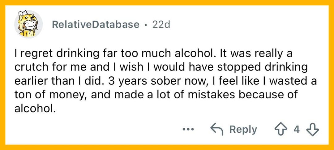 A person expressing regret over drinking too much alcohol, wishing they had stopped earlier.