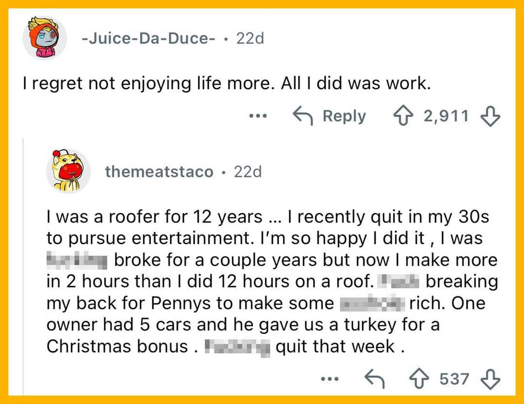 Screenshot of a social media conversation about life regrets and career changes.