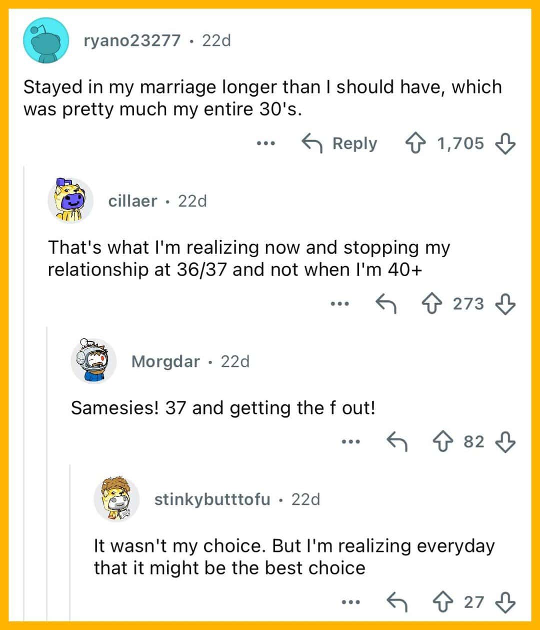 Screenshot of a social media conversation about relationships and regrets after 40.