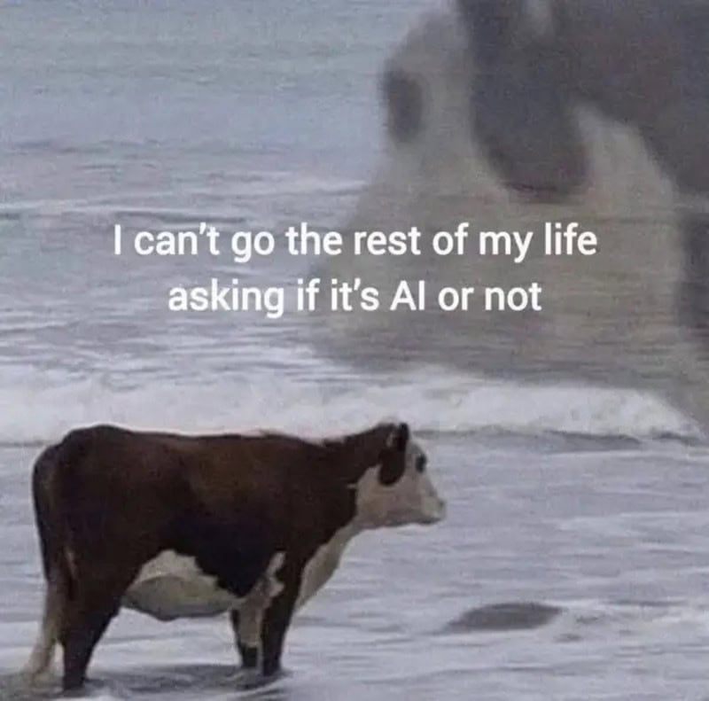Cow on the beach with a ghostly cow face in the sky and text about AI.