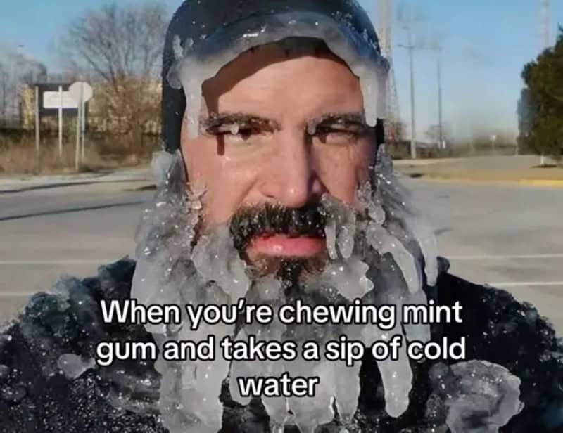 Man with ice on face, caption about chewing mint gum and cold water.