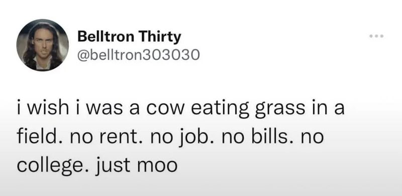 A tweet by Belltron Thirty wishing to be a cow eating grass in a field.