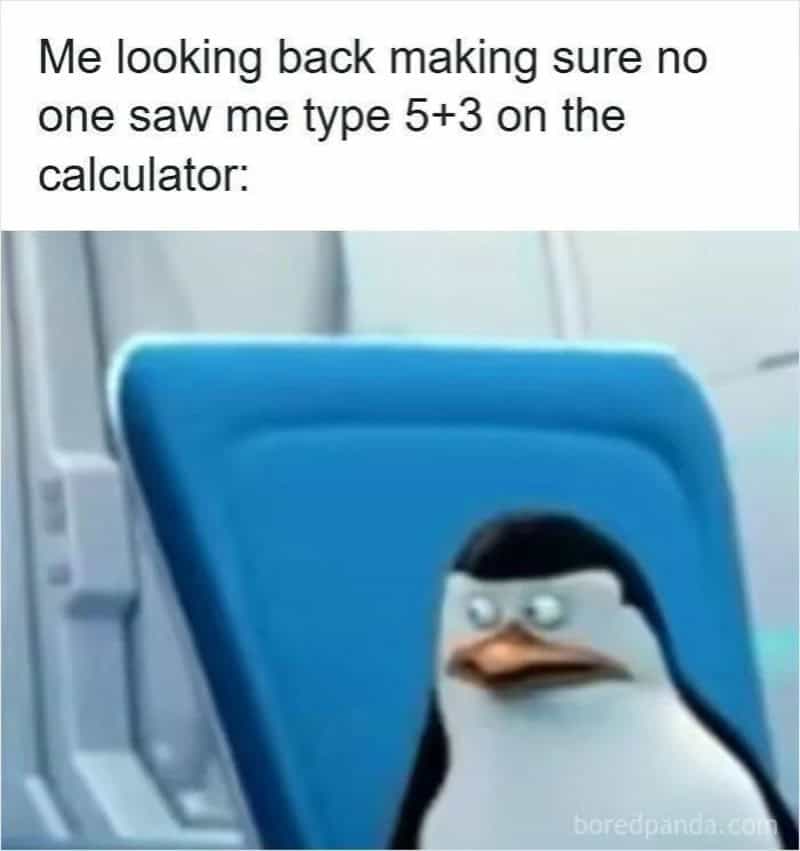 Penguin looking back at a calculator with the text about typing 5+3.