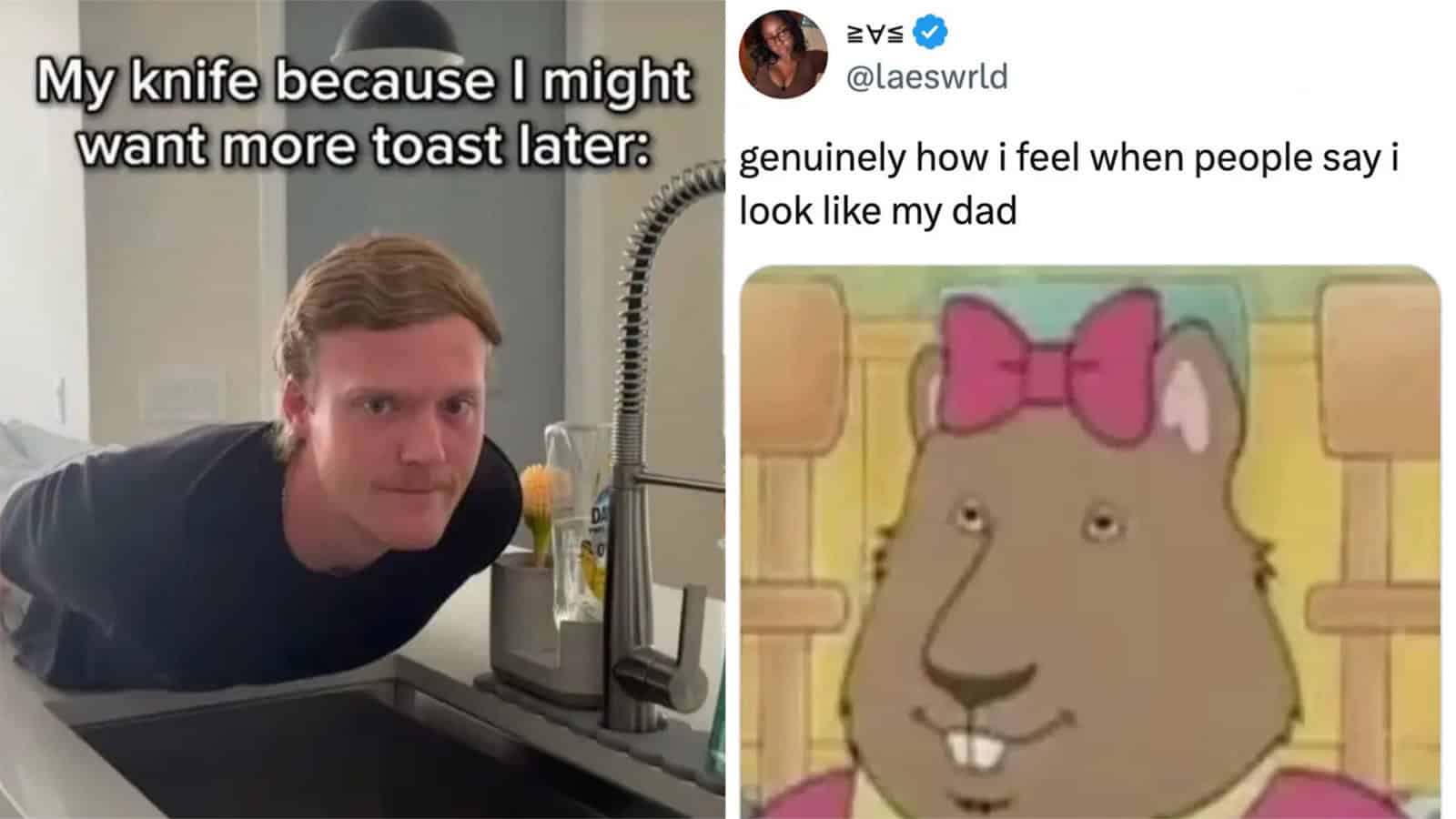 Man leaning over kitchen sink with caption about wanting more toast.