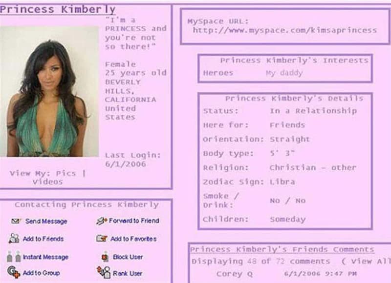 Princess Kimberly's MySpace profile with personal details and interests.