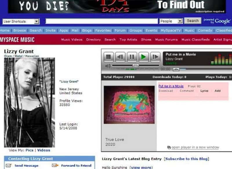 Lizzy Grant black and white profile picture on MySpace with her name and details.