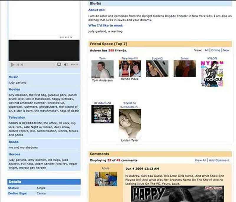 Screenshot of a MySpace profile page with friends, comments, and details.