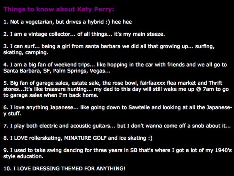 Katy Perry's MySpace profile with personal interests and hobbies listed.
