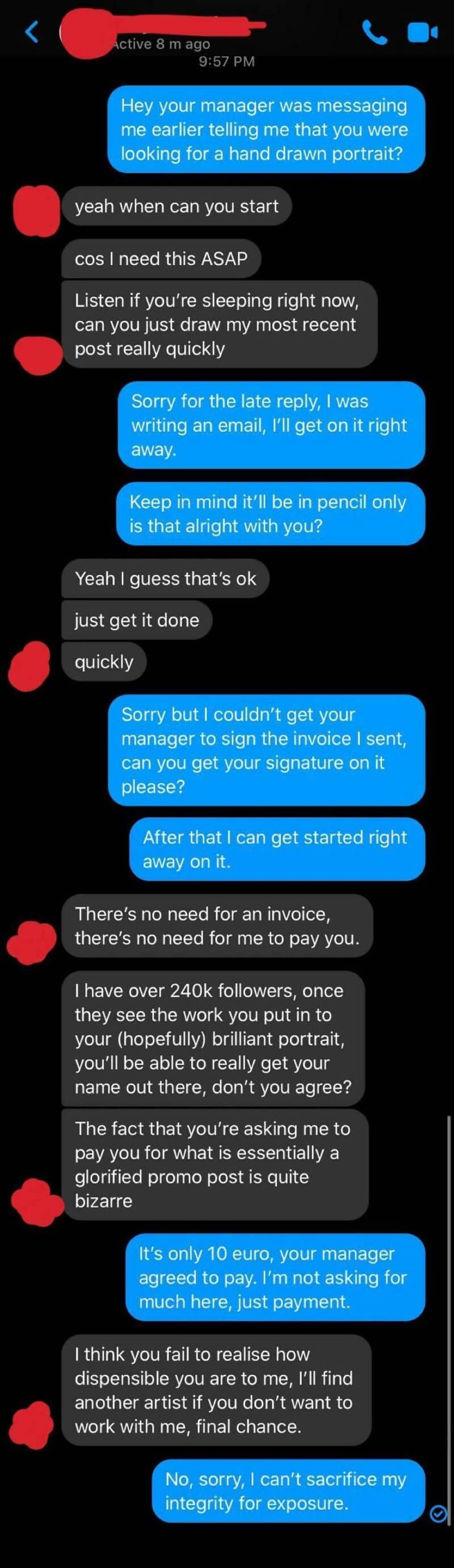 Chat conversation about starting a project and payment details.