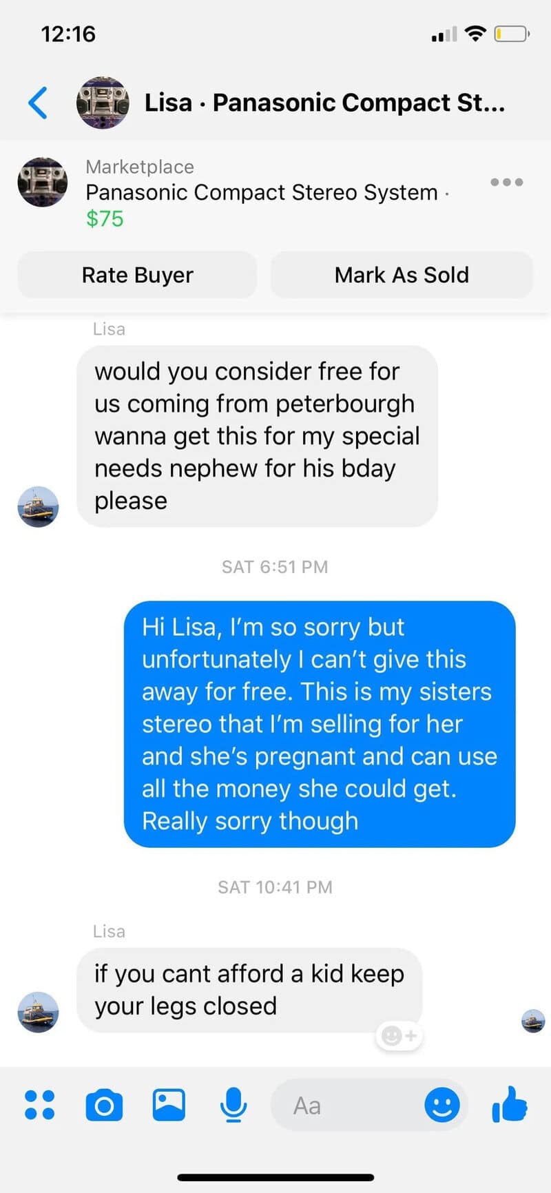 Conversation about a stereo system and a child's needs, with a seller and buyer exchanging messages.