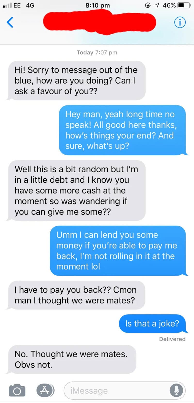 Text conversation about repayment and friendship, with apologies and clarifications.