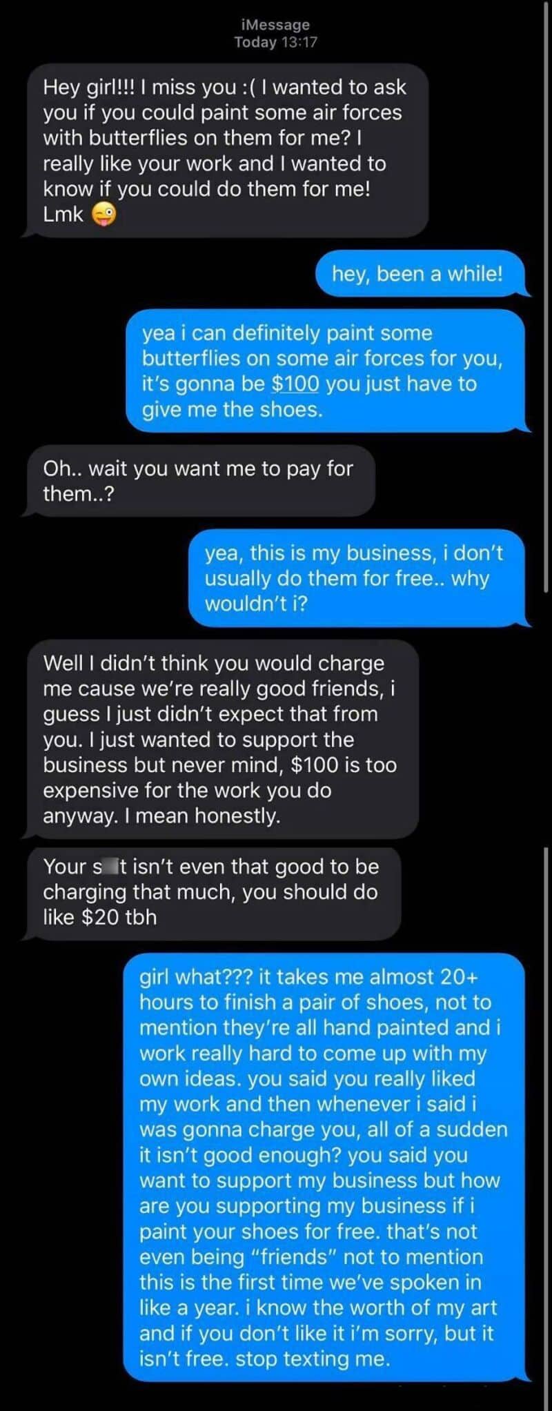 Conversation about painting butterflies and paying for shoes.