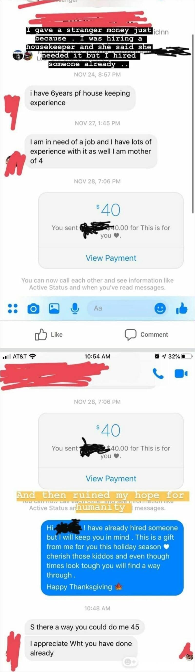 Text conversation about a 40-year-old's experience and a payment of 45.