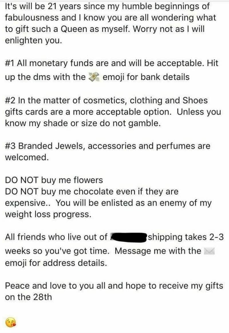Message about gift giving, jewelry, cosmetics, and shipping details for friends.