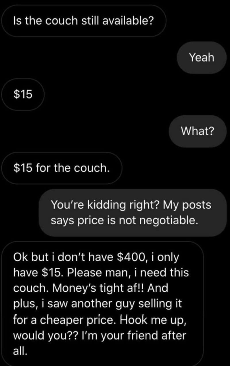 Conversation about buying a couch for $15, not $400, with negotiation details.