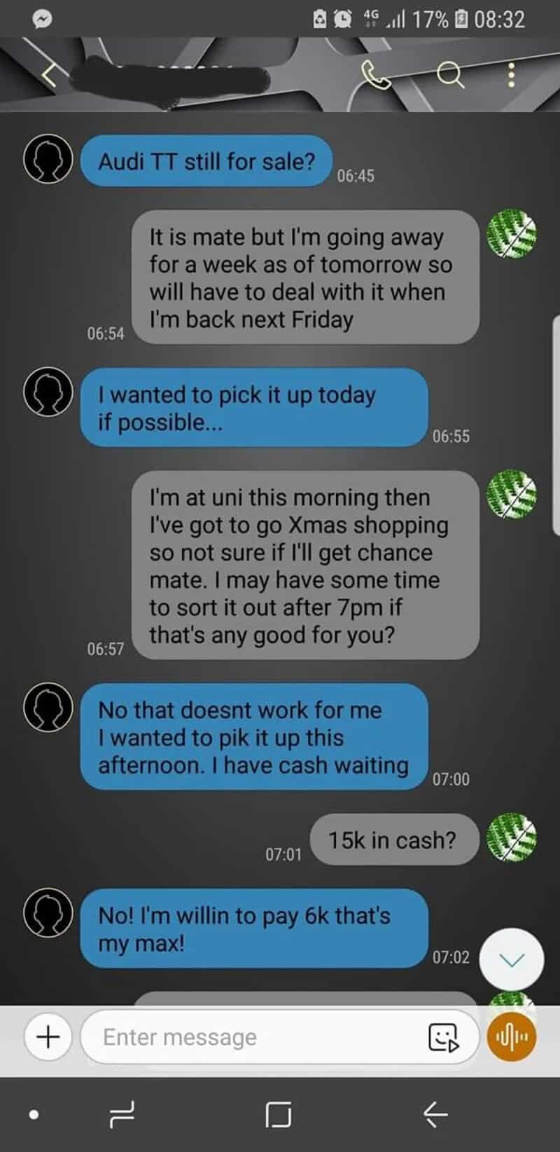Chat conversation about buying and selling an Audi TT, with cash and payment negotiations.