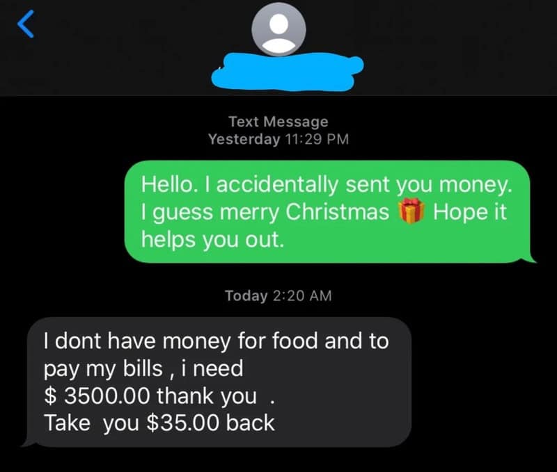 Text message exchange about accidentally sending money and requesting a refund.