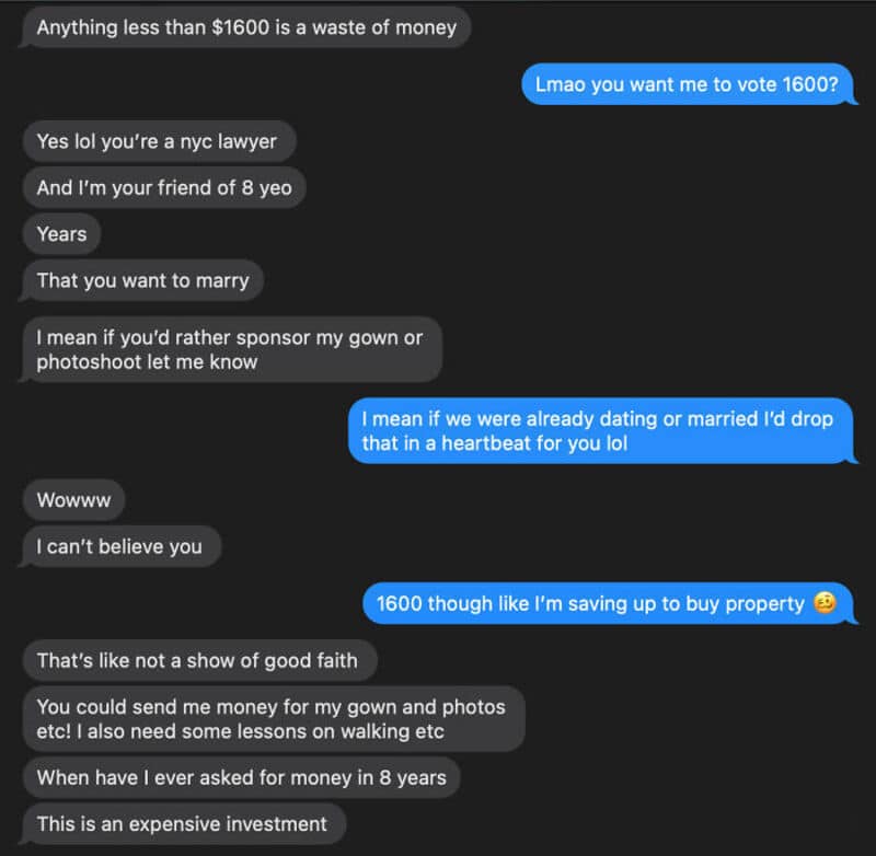 Chat conversation about money, marriage, and sponsorship.