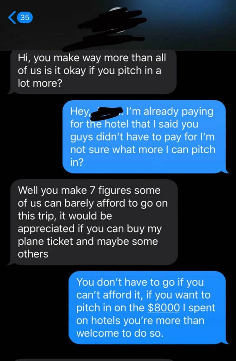Text conversation about pitching in for a trip and hotel expenses.