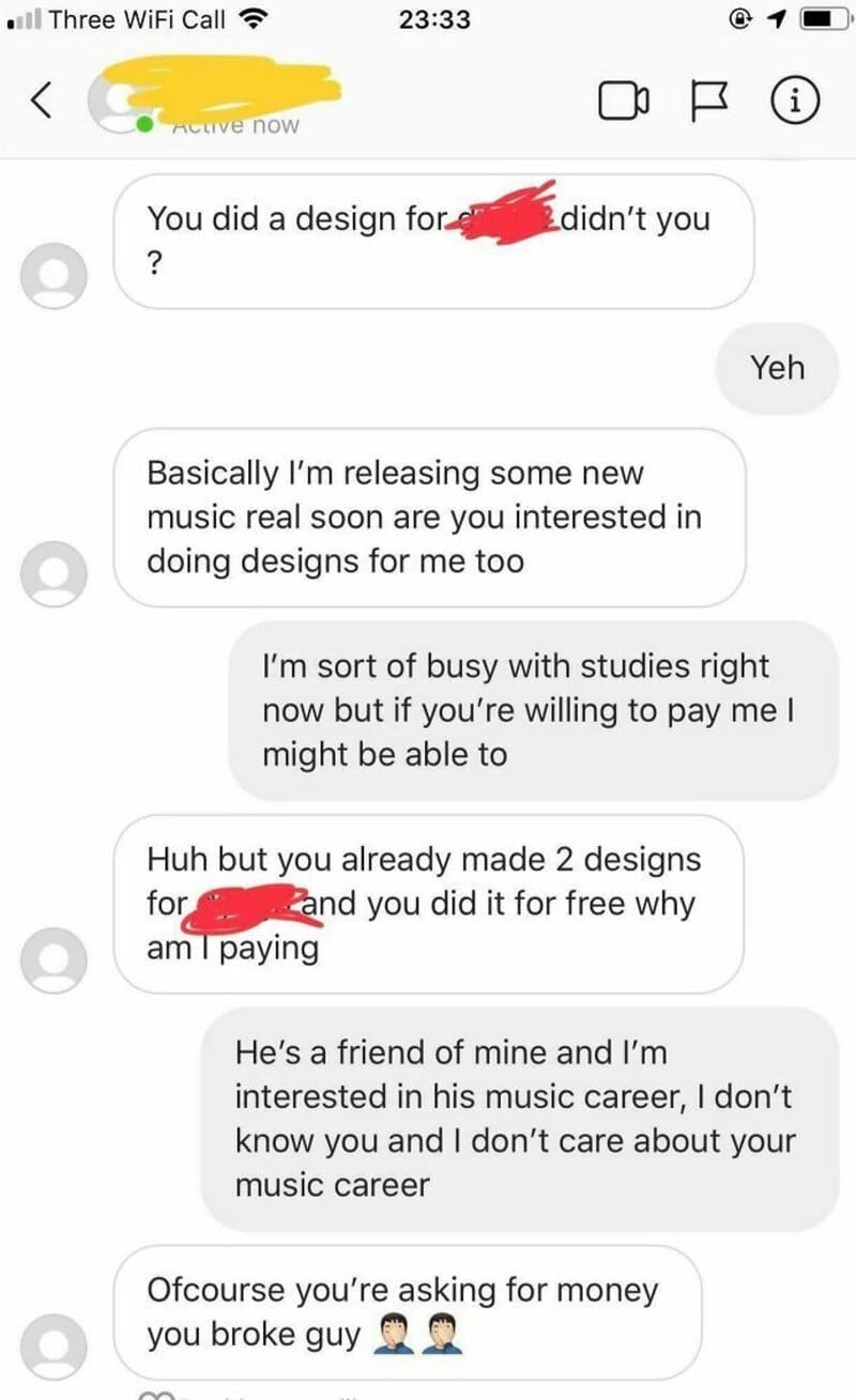 Text conversation about designing music album covers and payment issues.