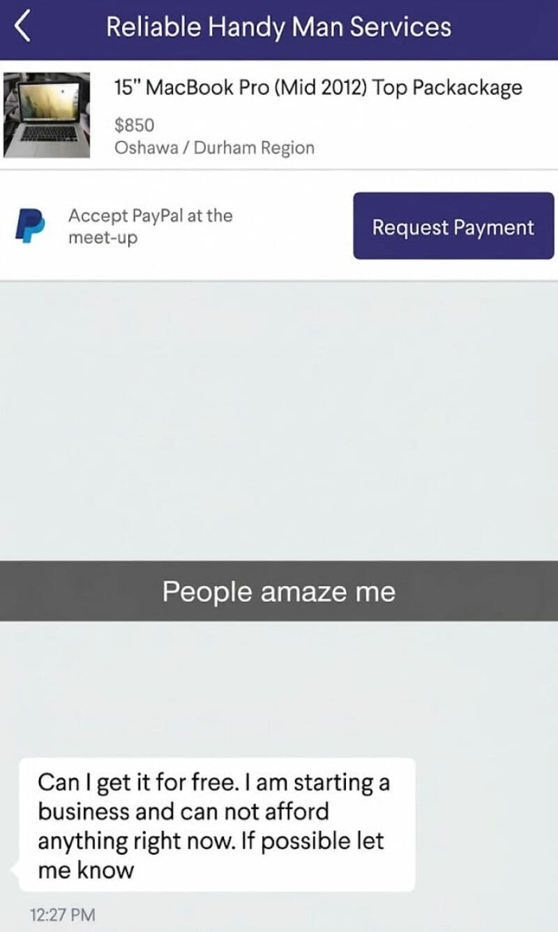 Request Payment button and message about getting a free MacBook Pro.