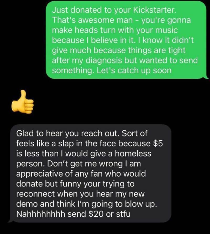Text message exchange about a donation and appreciation for support.