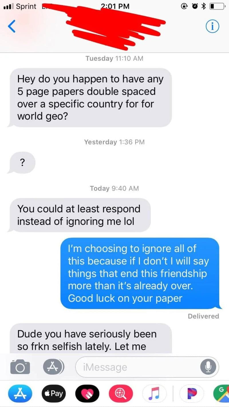 Text conversation about ignoring papers and friendship, with a blue response box.