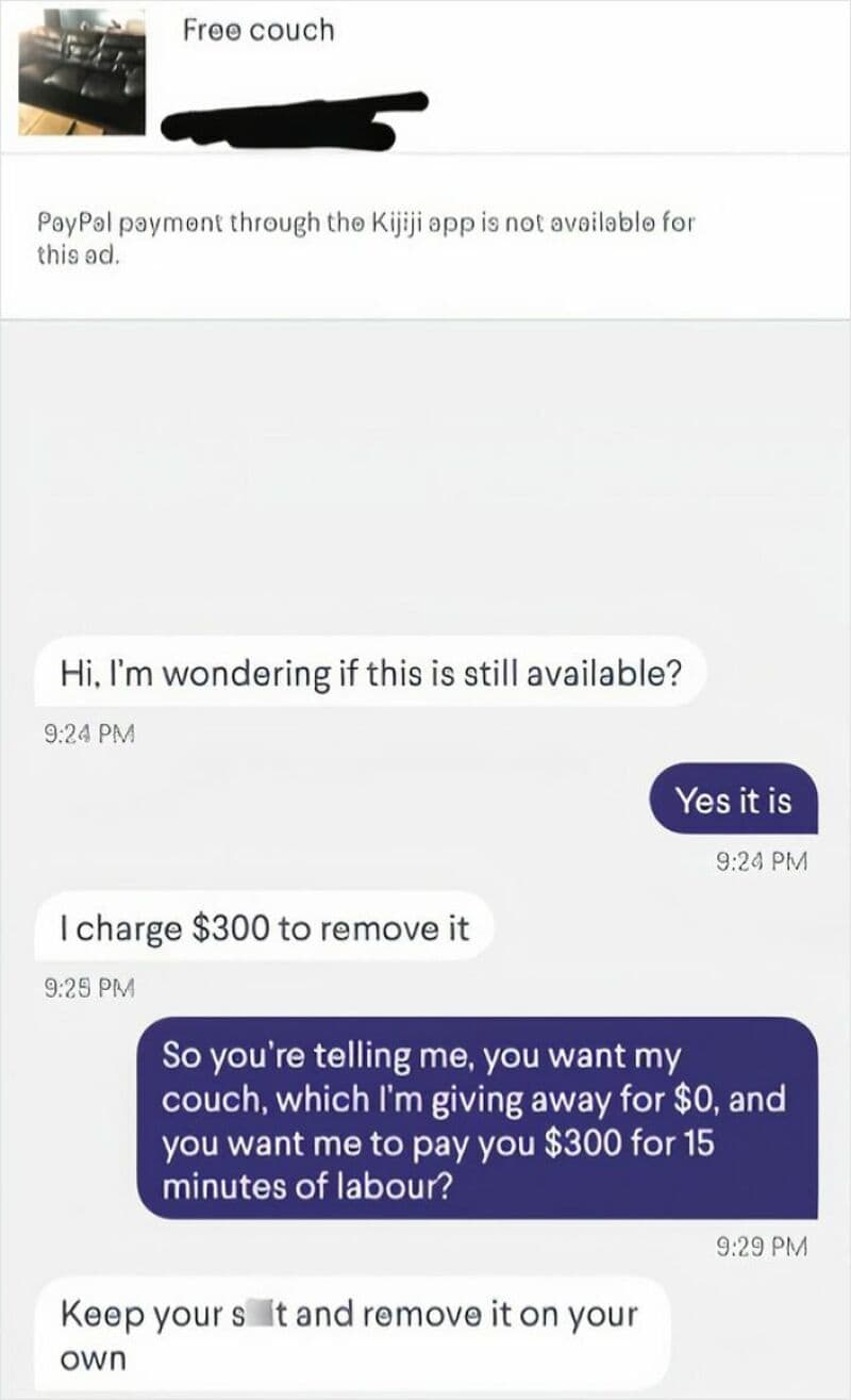 Text conversation about removing a couch and payment details.