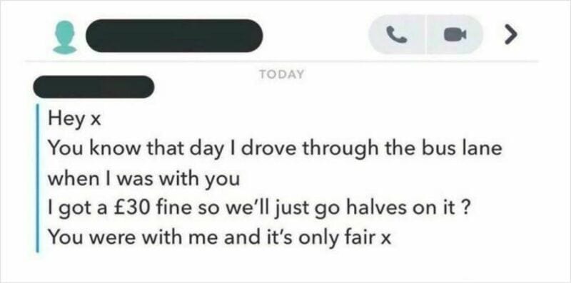 Text message conversation about driving through a bus lane and splitting a fine.