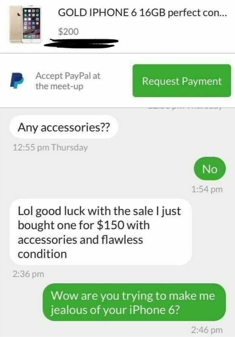 Screenshot of a chat about buying an iPhone 6 with accessories and a sale.