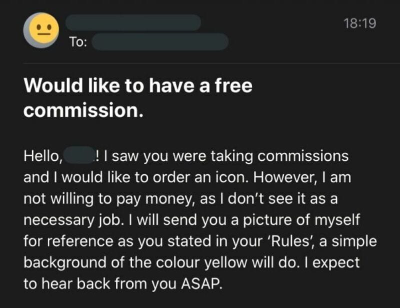 Message requesting a free commission with a yellow background and black text.