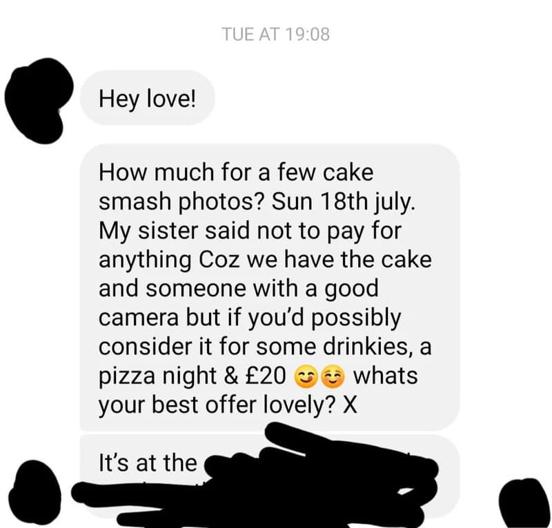 Text message conversation about cake photos and drinks, with blacked-out parts.