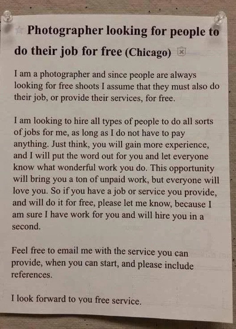 Photographer looking for people to do free work in Chicago.