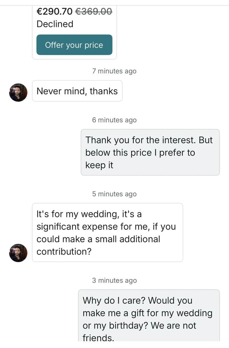 Conversation about a wedding gift and contribution, with price negotiation.