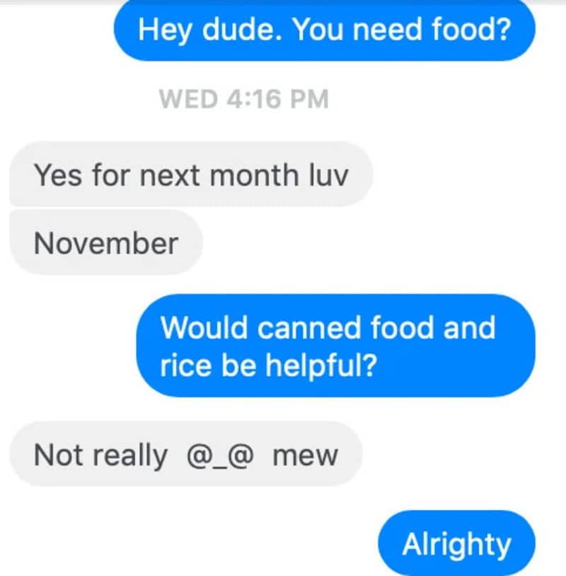 Text conversation about food needs and options, including canned food and rice.