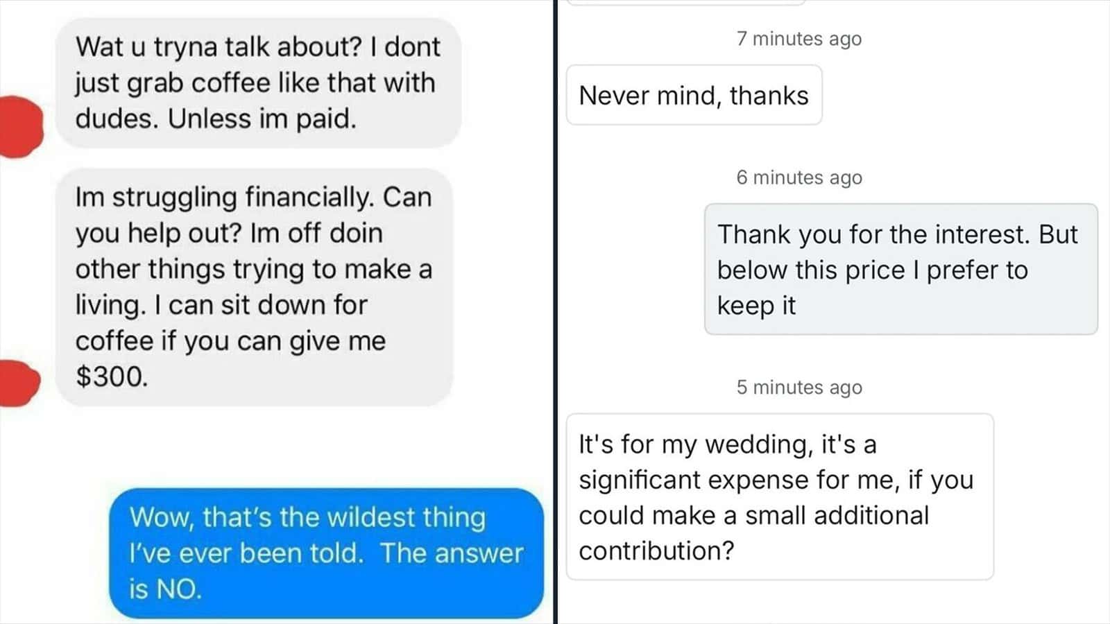 Conversation about money and coffee, with a humorous reply about a wedding gift.