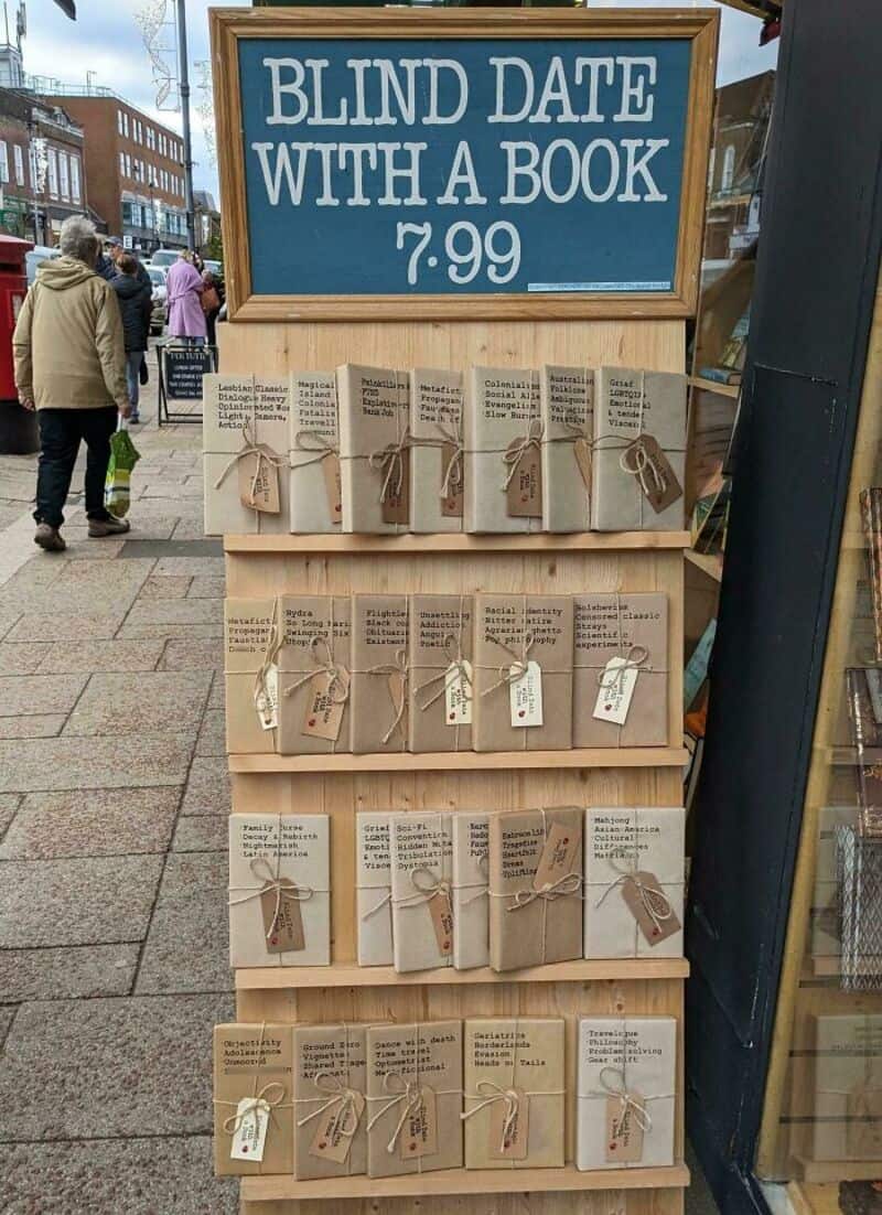 Book-themed gift ideas for blind dates with a sign reading 'Blind Date with a Book 7.99'.