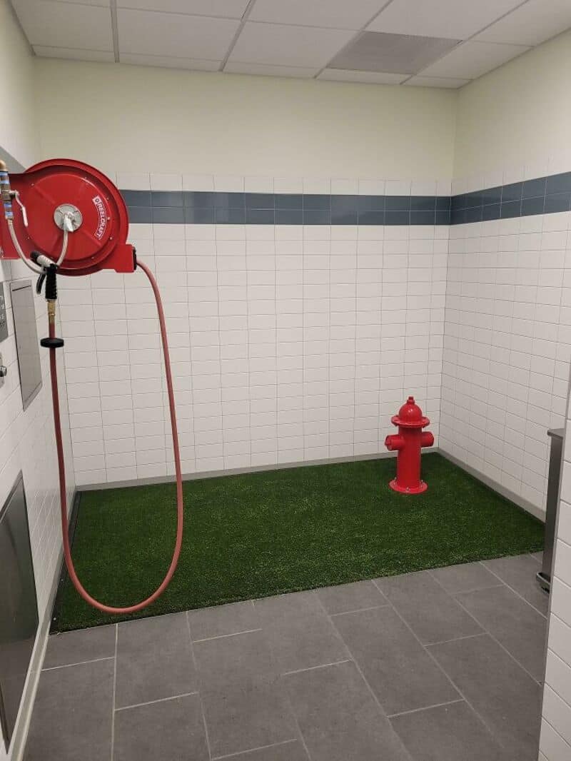 Fire hose reel and fire hydrant in a corner of a room with tiled walls and artificial grass.