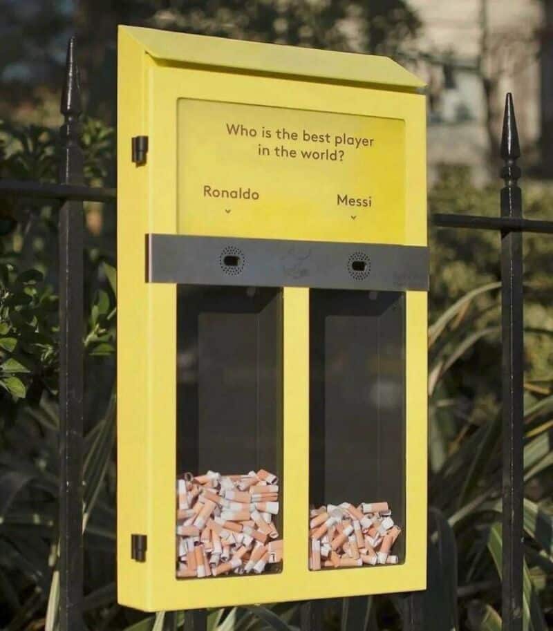 Question about best player with options Ronaldo or Messi, with cigarette butts in containers below.