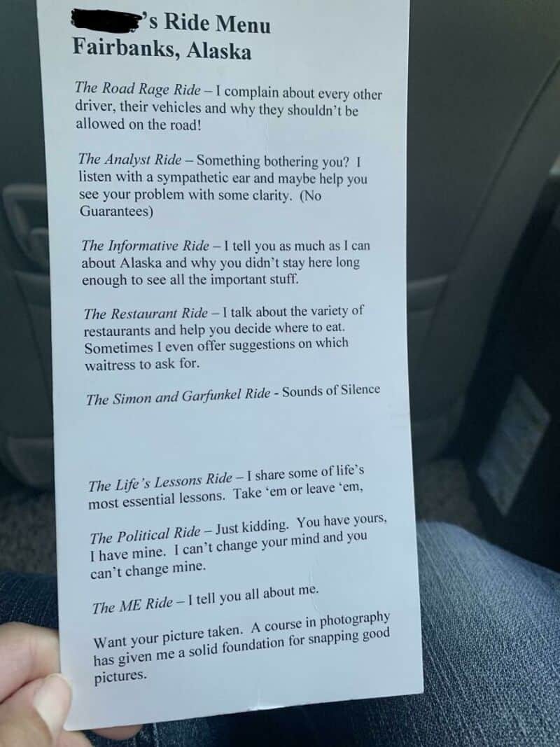 Fairbanks, Alaska ride menu with humorous descriptions of various rides and experiences.