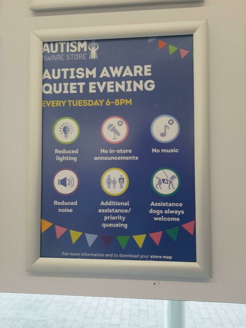 Autism Awareness Quiet Evening poster with event details and icons.