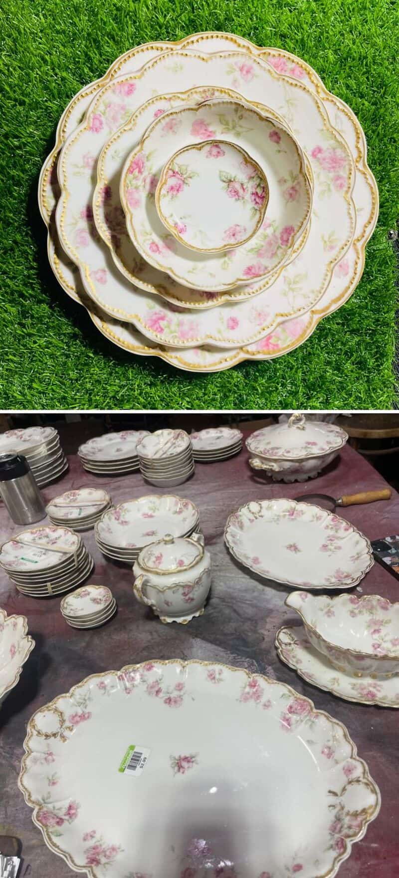 Set of vintage floral china plates on grass and at a market stall.