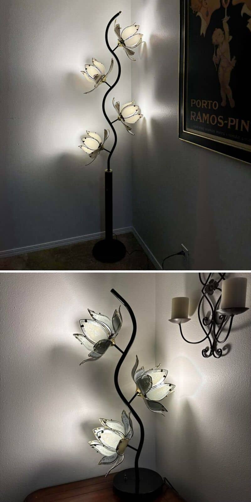 Decorative floor lamp with flower-shaped light fixtures in a room.