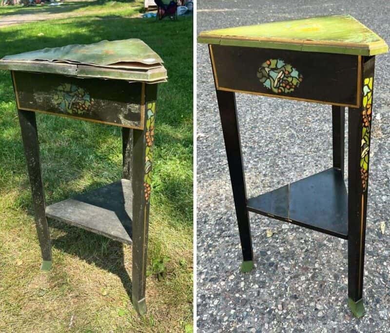 Before and after of a painted wooden side table with a floral design.