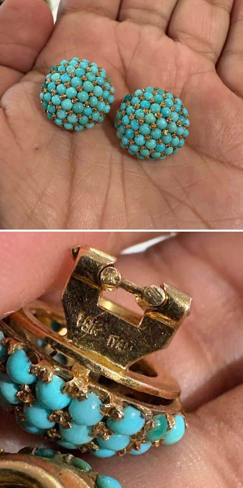 Pair of turquoise beaded earrings and gold jewelry with turquoise beads.
