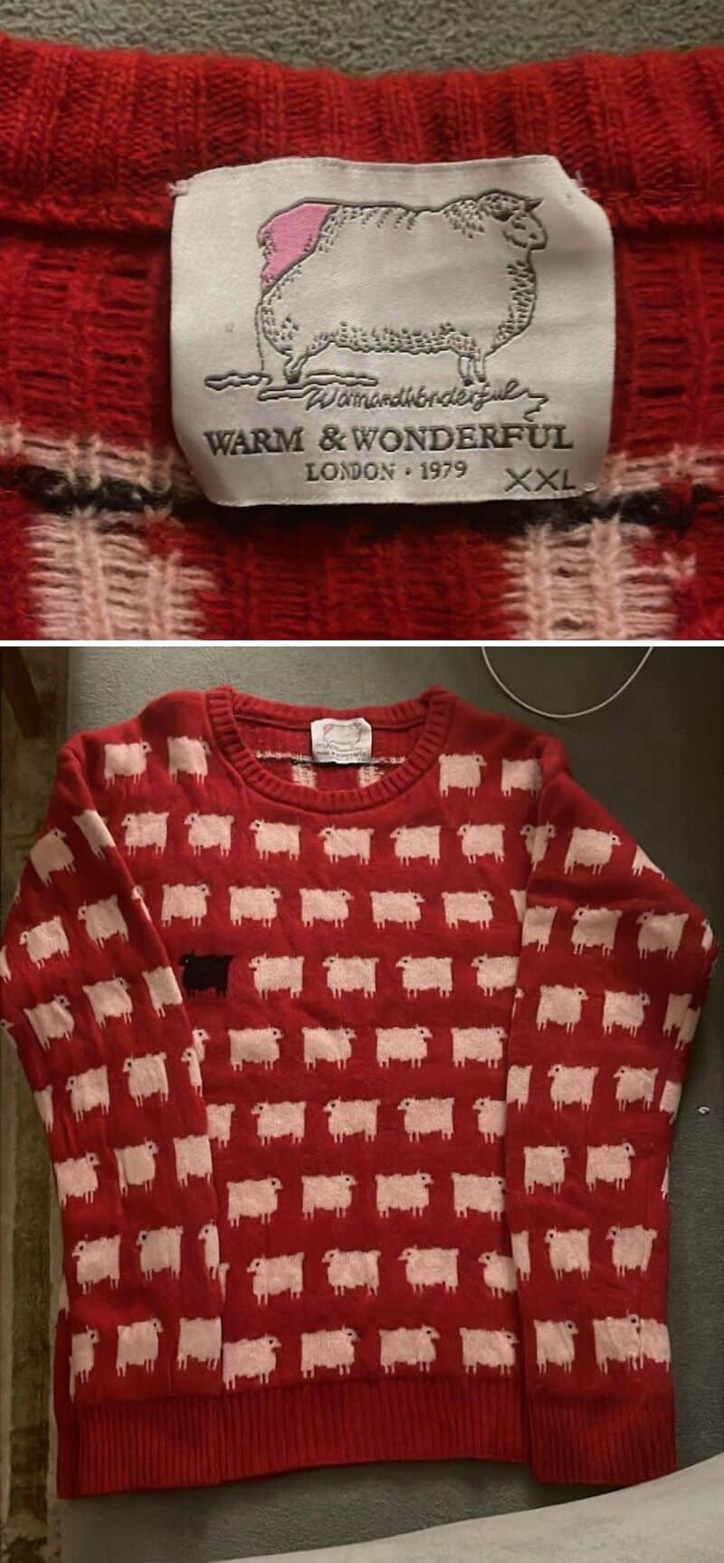 Red and white patterned sweater with sheep design, thrift store haul.