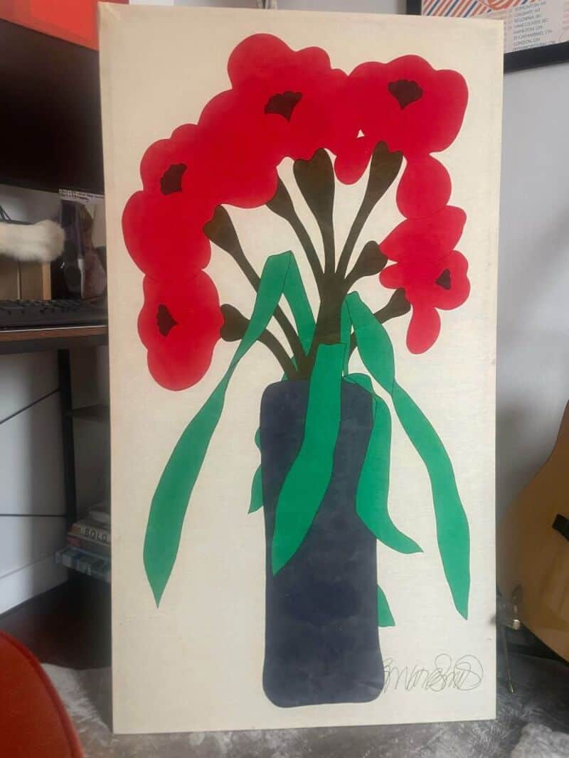 Painting of a red flower in a black vase with green leaves, titled 'thrift store hauls'.
