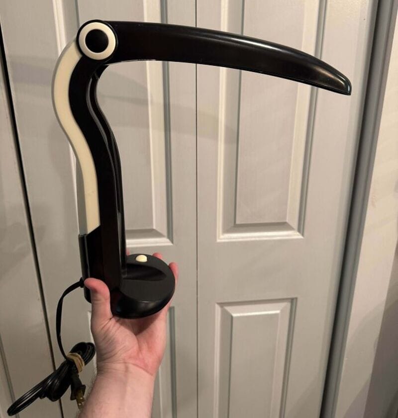 Hand holding a black and white bird-shaped desk lamp in front of a closet door.