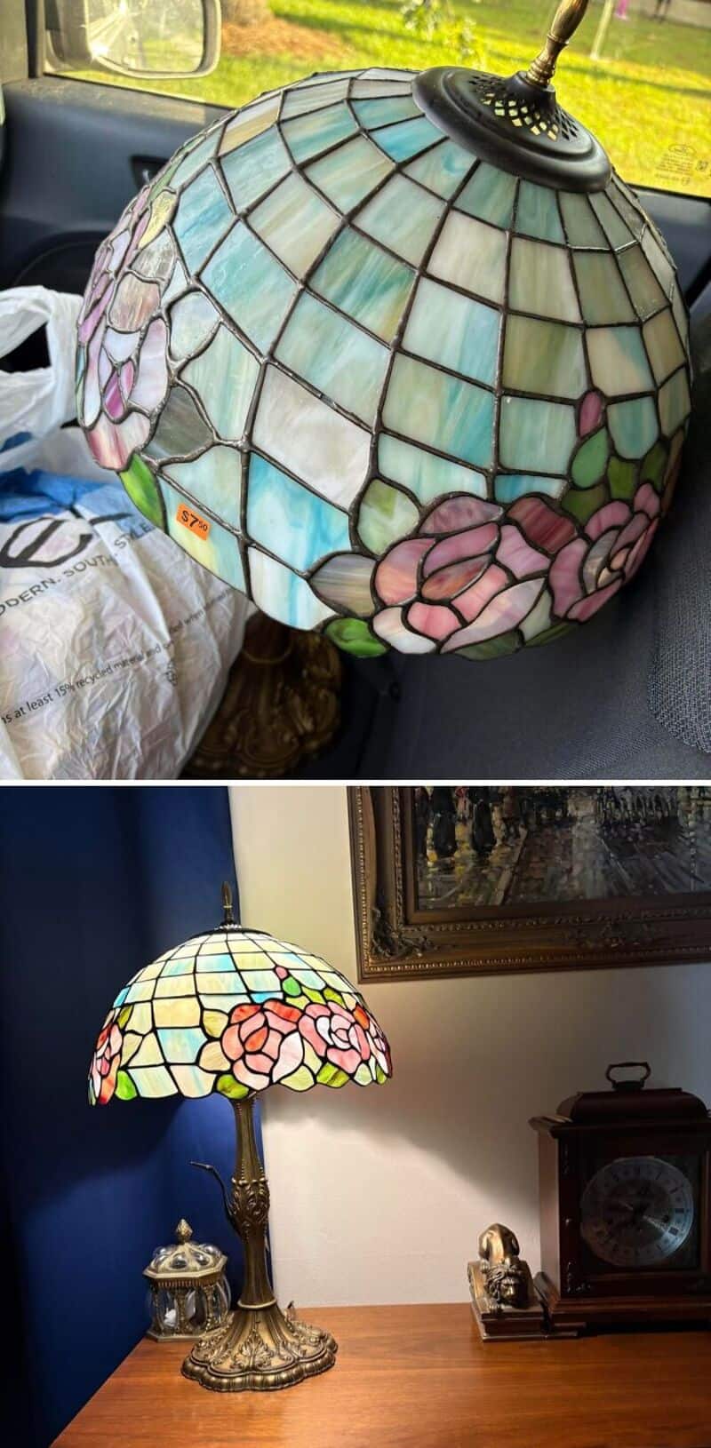 Colorful stained glass Tiffany-style lamp with floral design.